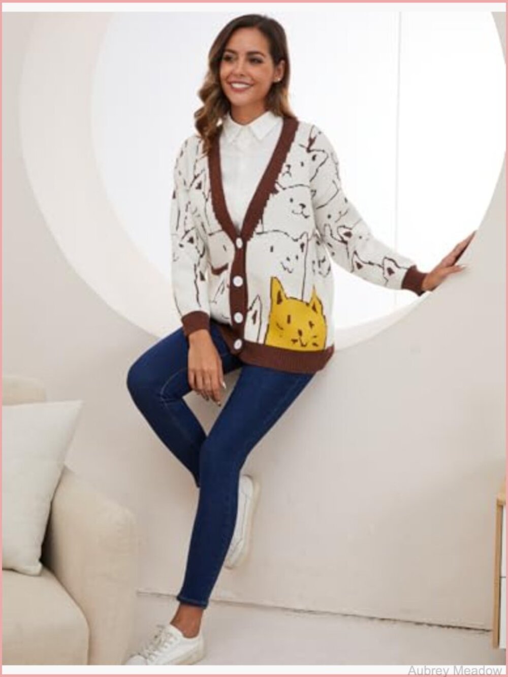 Oversized Kawaii Cat Cardigan Sweater Button Down V-Neck Lightweight Knit - Picture 2 of 7